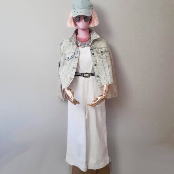 EUC DD77 white denim sleeveless wide leg jumpsuit with statement back, S - Picture 2 of 9